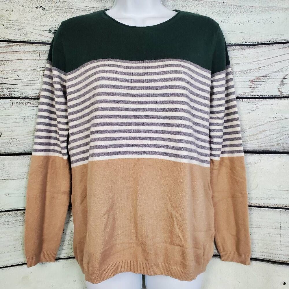 Staccato Sweater M Green Tan Stripe Pullover Lightweight Soft Casual Knit